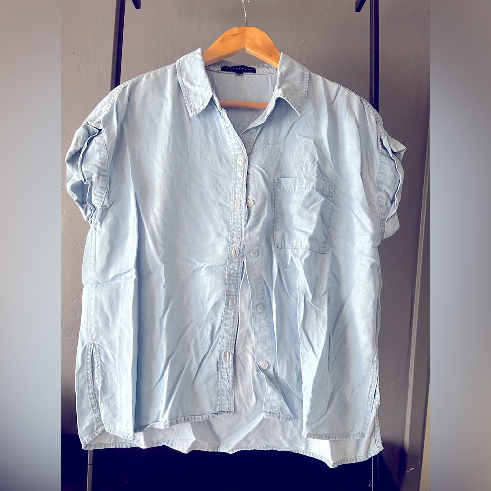 Sanctuary light blue lyocell denim button down shirt sleeve shirt